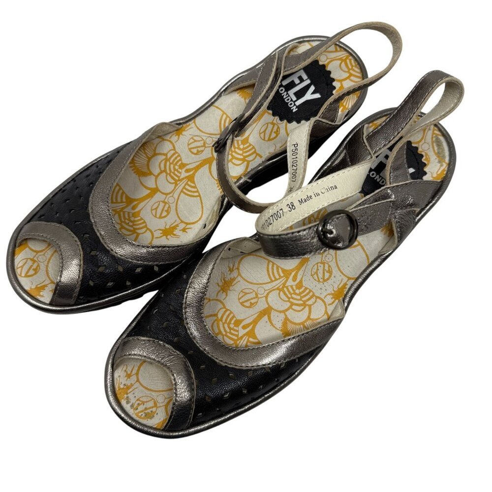 Fly London Sandals Womens Size 38 Black Metallic Leather Strappy Wedges Shoes